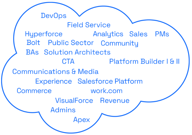 Cloud graphic showing the specialised areas of Salesforce Third Republic work with